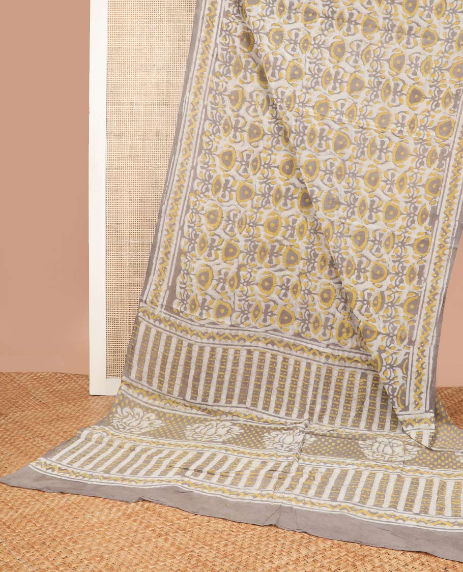 Mustard floral block design mul mul cotton saree with contrast intricate design & floral motifs pallu