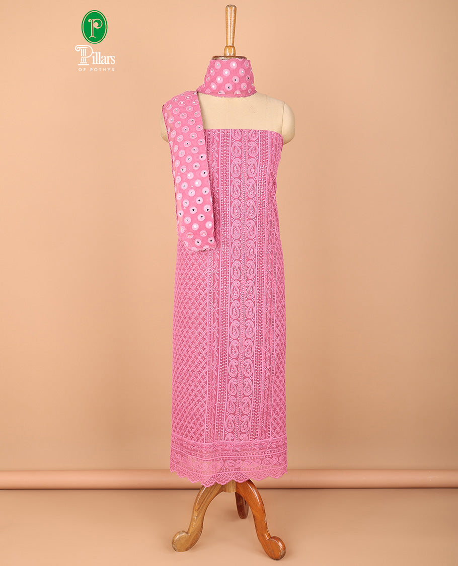 Pink chudidhar material set Georgette lucknowni design embroidery, top daman carry mango design top with crape materil with lining pant & mirror work, scallop border dupatta