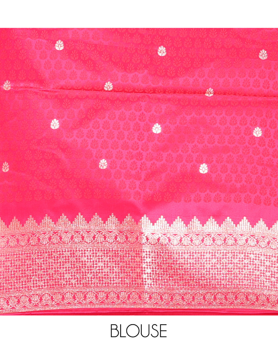 Pink Satin Silk Saree, Steeped in Richness of Buttas and Embossed Texture, Traditional Peacock Zari Border, Peacock Pallu, and a Matching Blouse