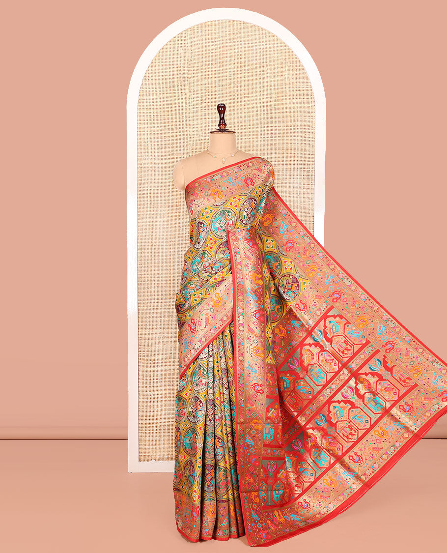 Multi-Color Dola Silk Saree, Artfully Printed with Colorful Patola-Style Animal Motifs on Its Body, Complemented by Contrast Patola-Style Zari and Print Border, Pallu of Paisleys, and Paired with a Contrast Blouse