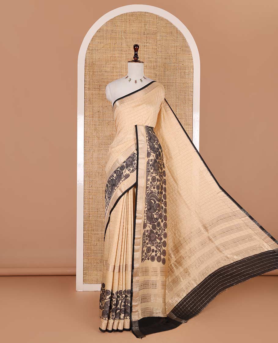 Chikku zari checked with kalamkari flora-fauna motifs printed Assam cotton saree, traditional zari border, zari striped pallu, and matching blouse