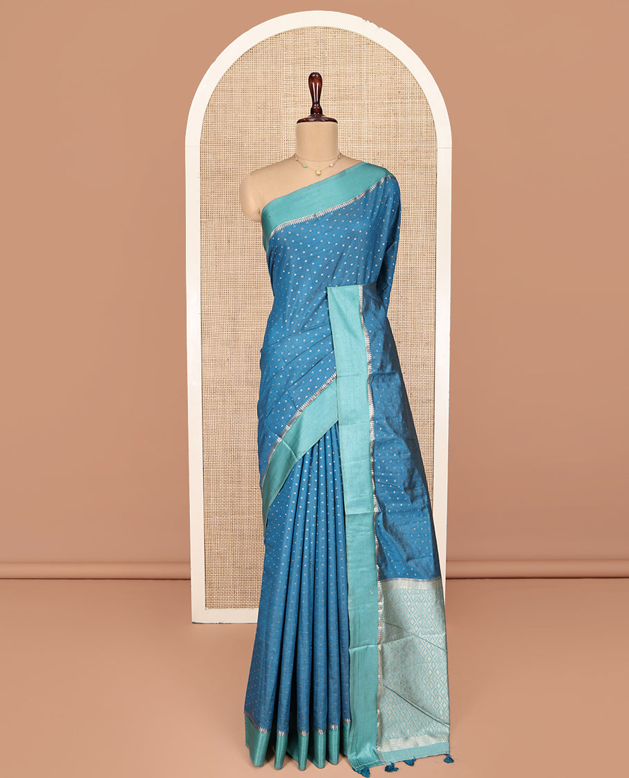 Blue Semi-Banaras Dupion Saree, Steeped with Buttas, Complemented by Contrast Border, Grand Jaal Pallu, and a Contrast Blouse