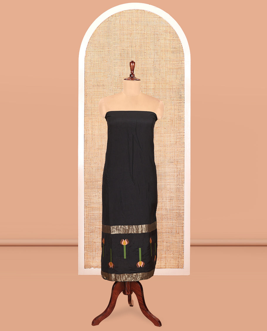 Black Mul Chanderi Material Chudidar Features Jamdani-Floral Top, Plain Bottom, Jamdani-Floral Dupatta