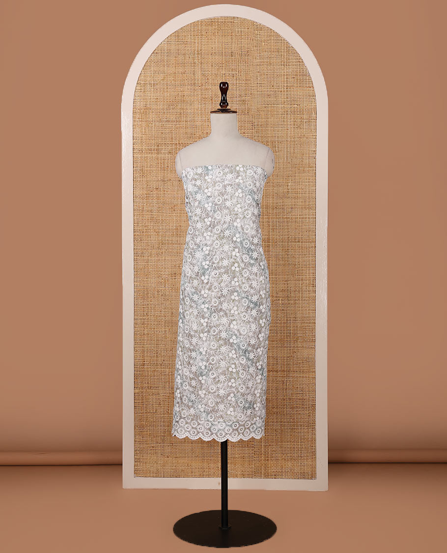 Ash chudidar material set, shibori-print & floral vine chikankari embroidered top,printed cotton bottom & floral chikankari embroidery chiffon dupatta