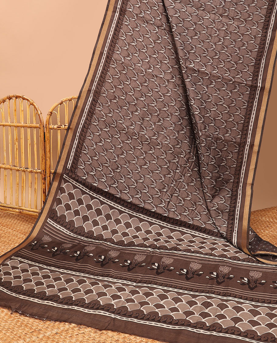 Brown intricate design chanderi cotton saree with contrast zari border & ogee design pallu