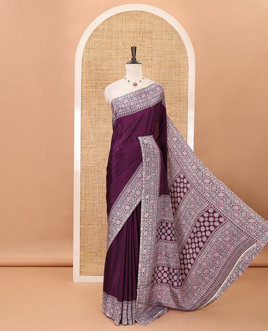 Violet plain design Turkey crepe saree, Intricately Ajrakh-printed border, pallu & matching blouse