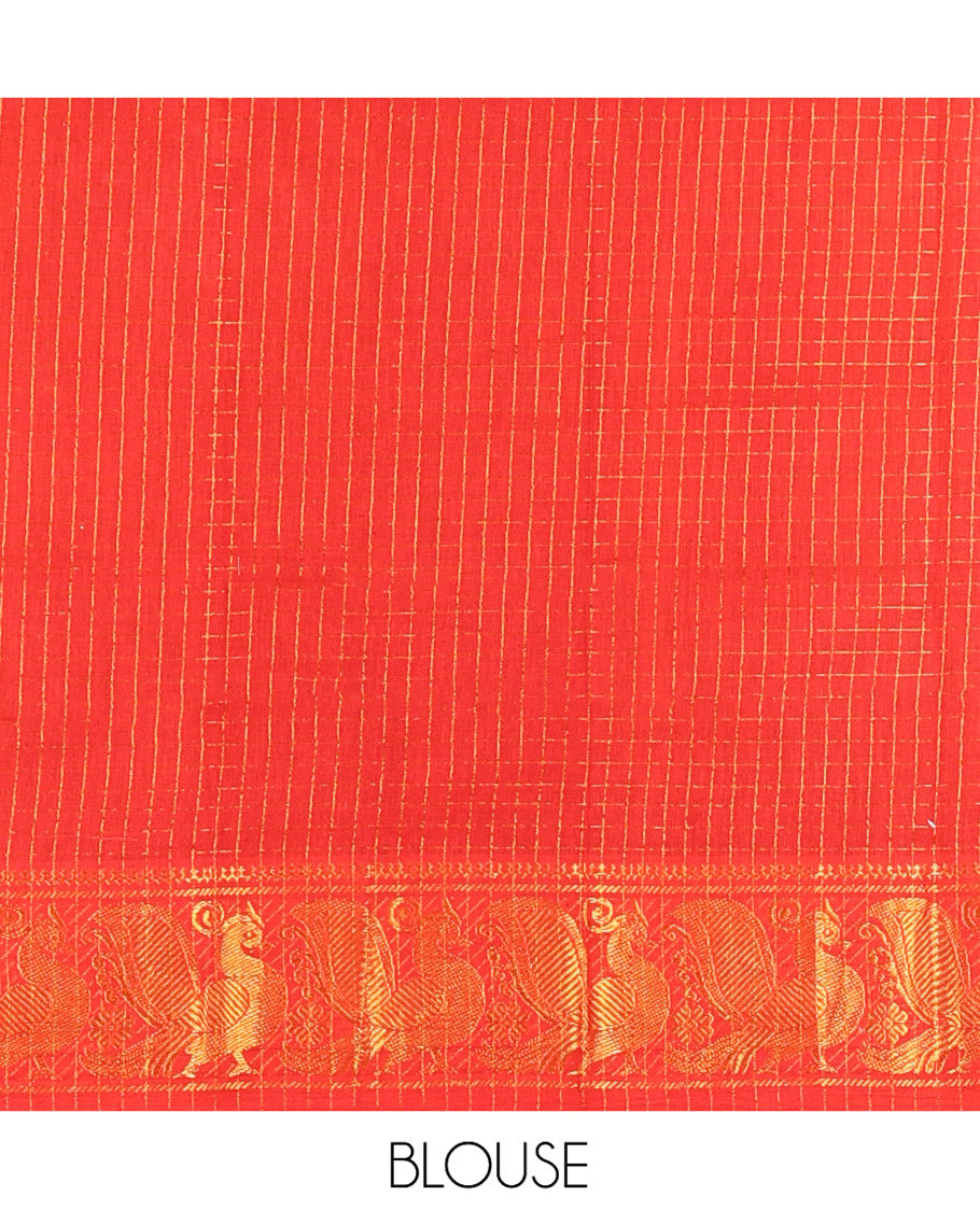 Navy Blue Plain Sungudi Cotton Saree, Highlighted by Traditional Zari Border of Peacock and Floral Creeper Designs, Subtly Striped Pallu, and Paired with a Contrast Blouse