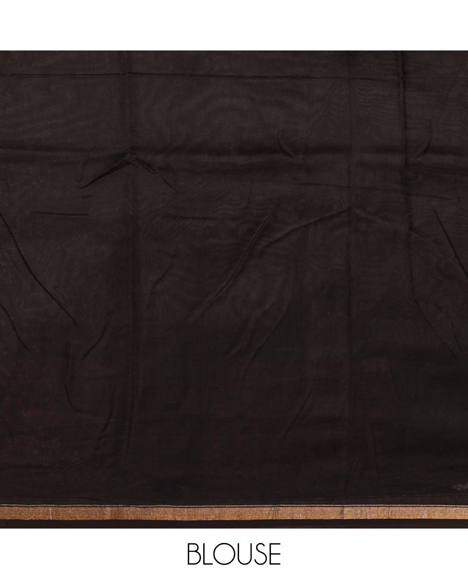 Green hand block batik printed chanderi cotton saree with black wax, checked border & black wax printed pallu along with plain blouse