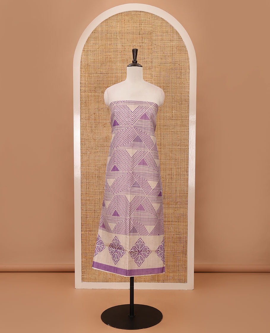 Purple semi-tussar material chudidar set, triangle printed top, heathered bottom & dupatta of triangle & four-petal floral print