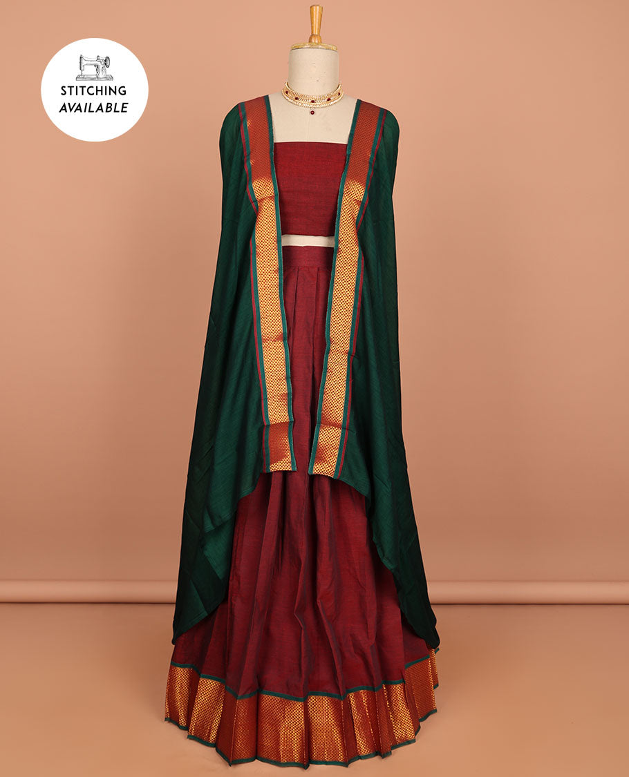 Pink cotton half saree with contrast traditional border , plain blouse & plain dhavani with zari design border