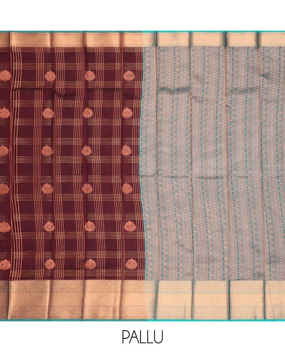 Maroon checked, floral kora cotton saree with contrast zari design border & intricate zari design pallu