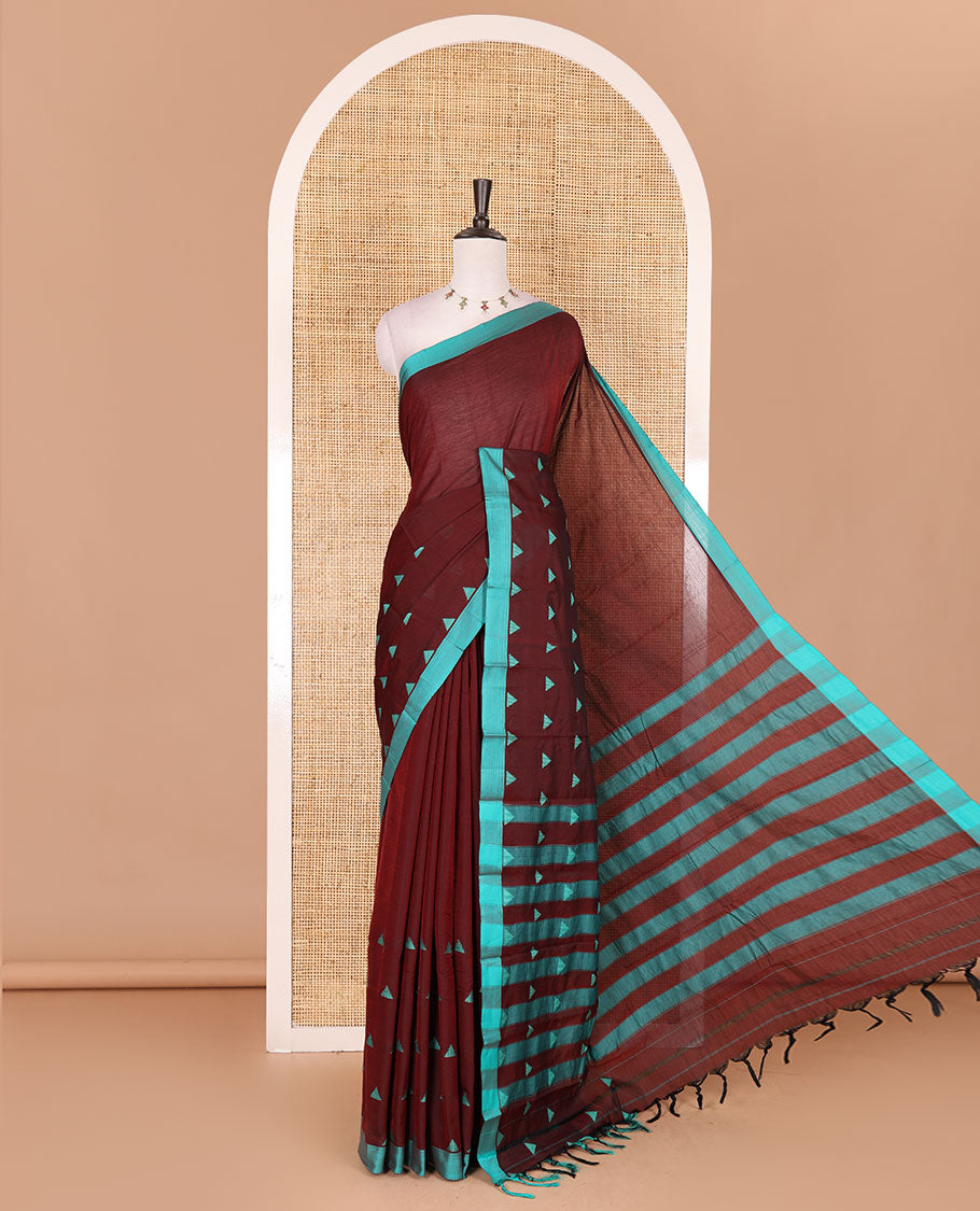 Maroon triangle motifs mercerised cotton saree, contrast plain border, striped pallu, and matching triangle motifs blouse