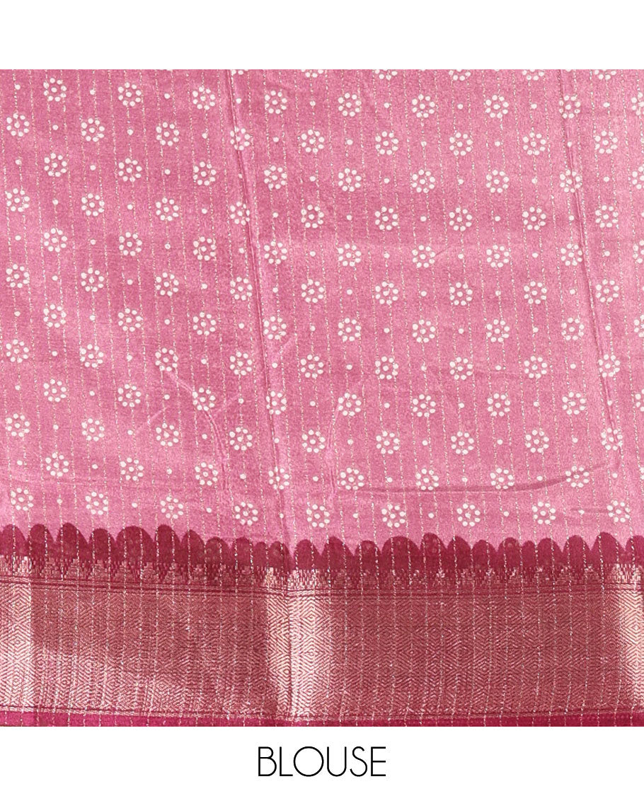 Onion pink zari striped & batik-paisley dola silk saree,contrast traditional zari border,printed pallu & zari striped & butta print blouse