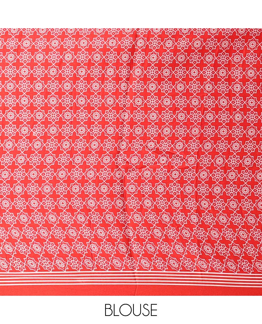 Red vertical lining design modal satin saree with remple printed border & big circle design pallu along with printed blouse