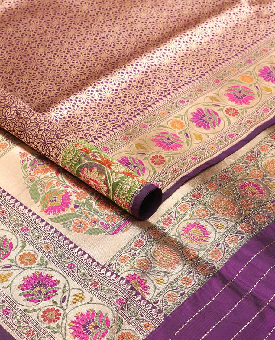 Purple floral jaal banaras silk saree with contrast floral border & floral zari design pallu