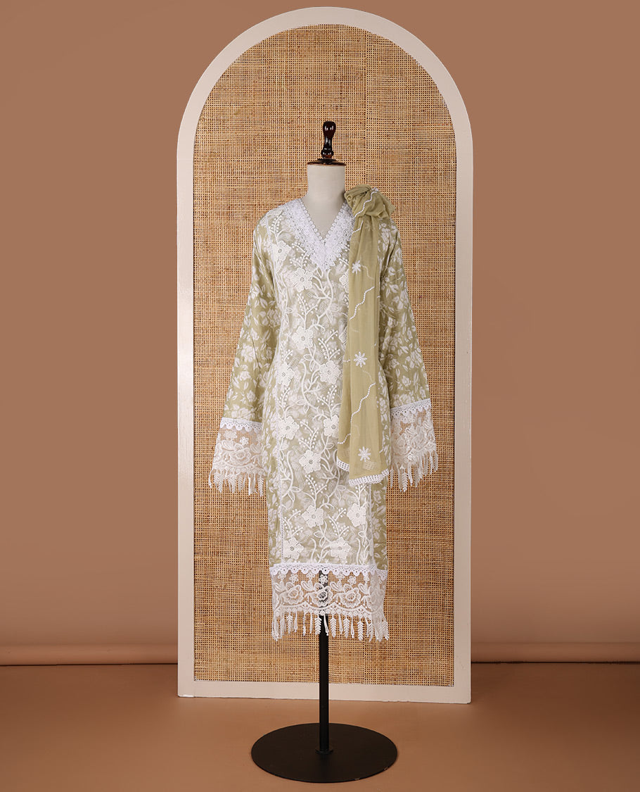 Yellow chudidar material set, floral embroidery with daman crochet lace work jam cotton top, white thread argyle design embroidery with lace work nazlin dupatta, unique motifs printed bottom
