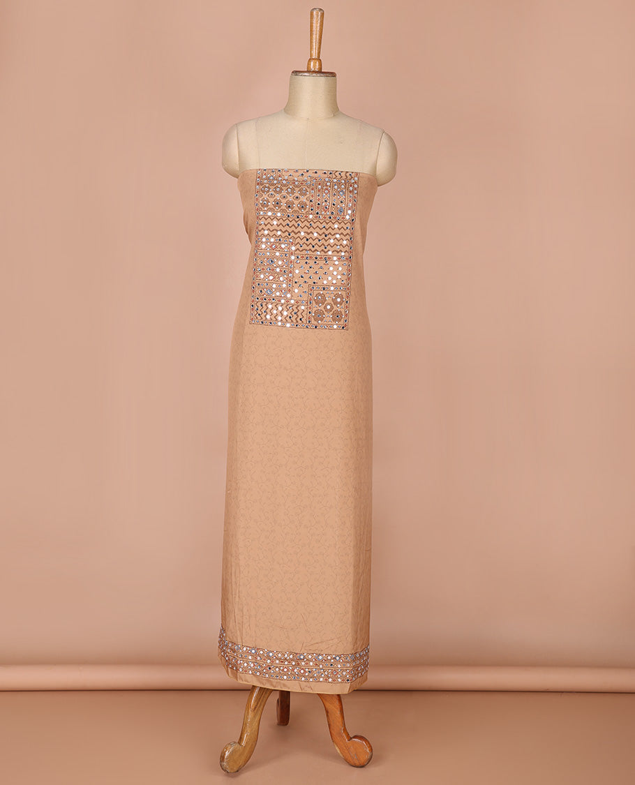 Fawn self print , mirror work crepe chudidhar material top with americam crepe pants & self print, mirror work, lace border dupatta