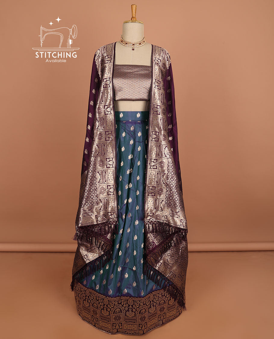 Blue buttas half sare with contrast zari border, zari design blouse & floral design dhavani