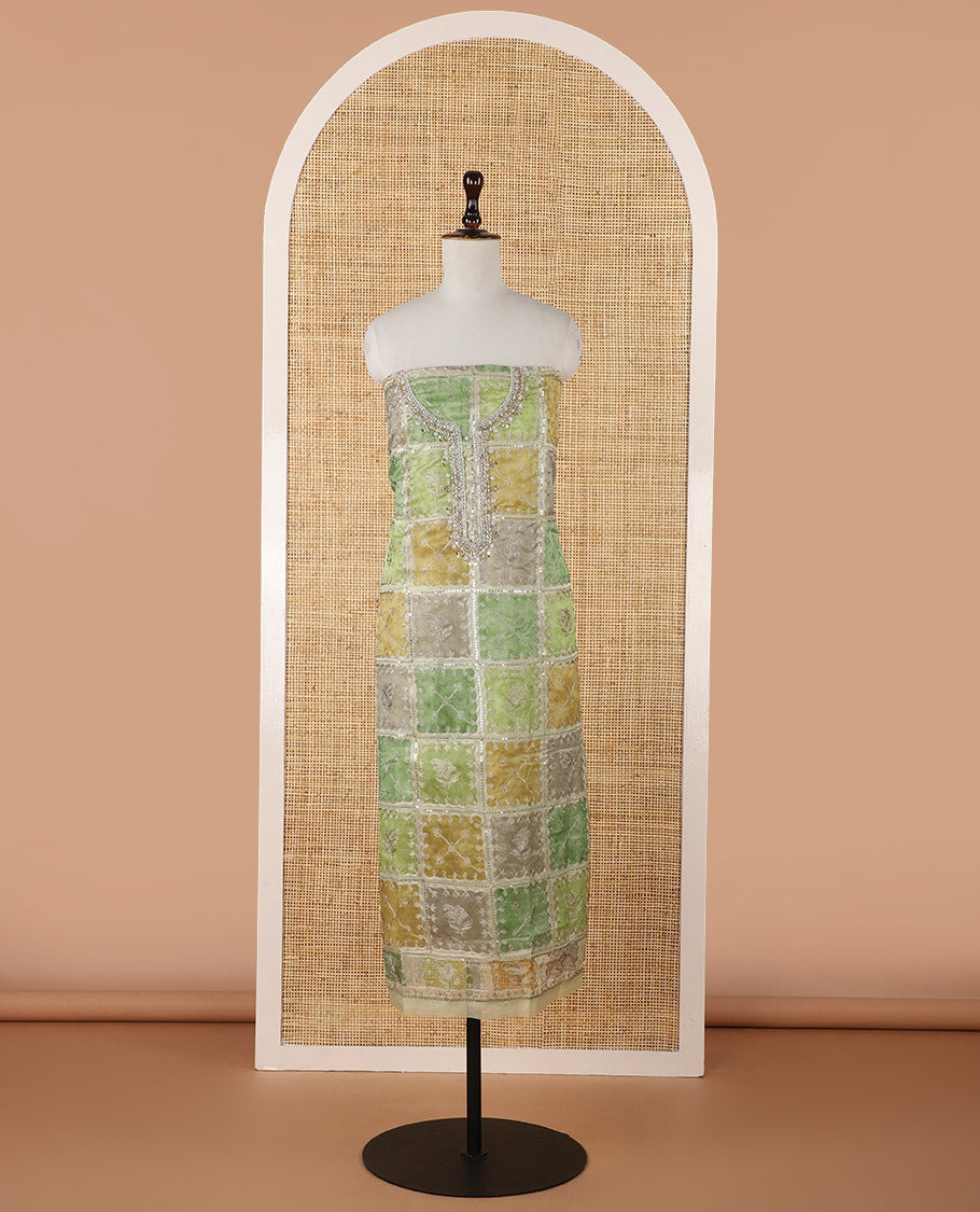 Green-ombre organza chudidar material set, position print & intricately bead embroidered top, floral vine zari embroidery dupatta & plain santoon bottom