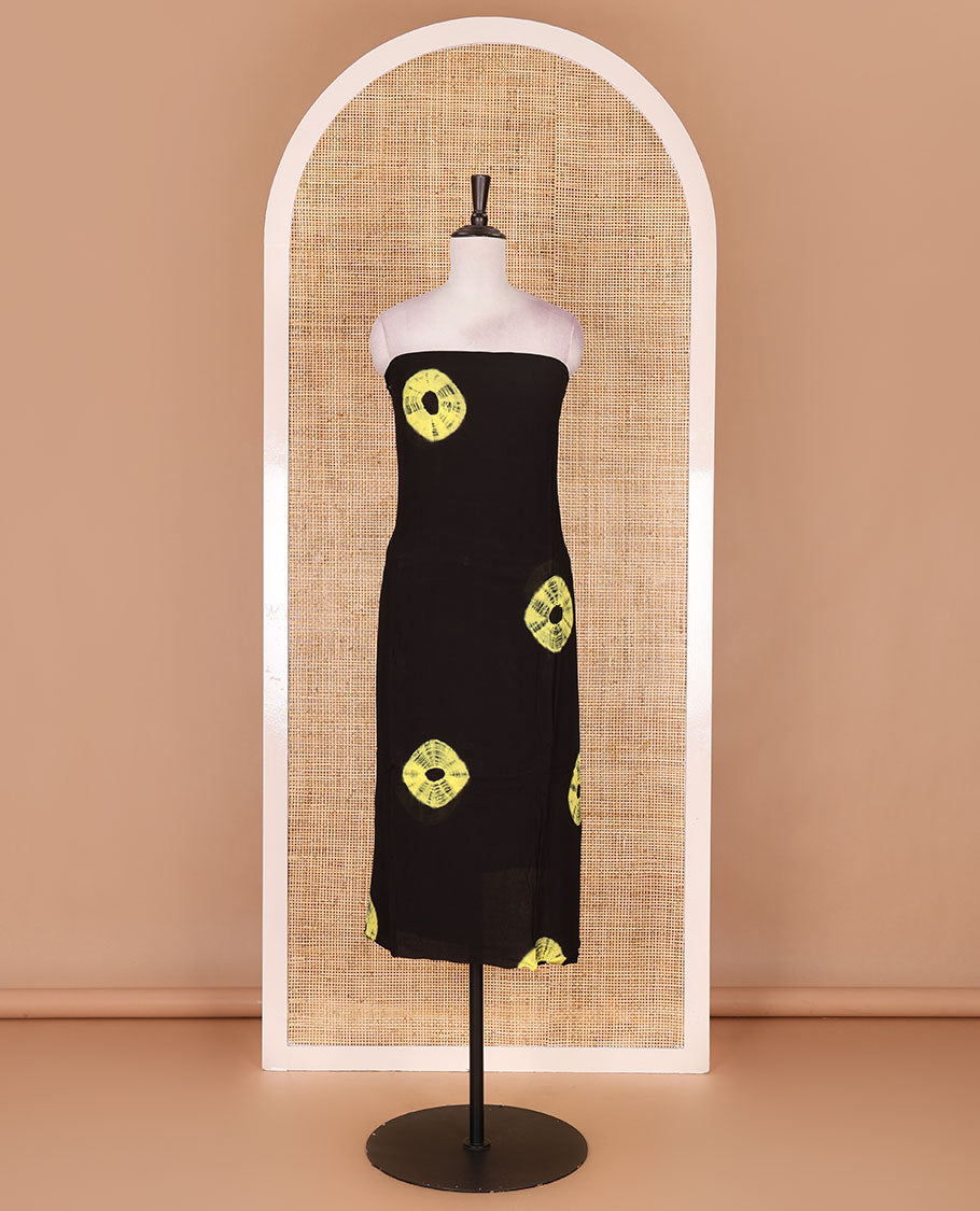 Black and yellow viscose georgette material churidar set, big bandhani dots printed top, plain bottom, and big bandhani dots printed dupatta