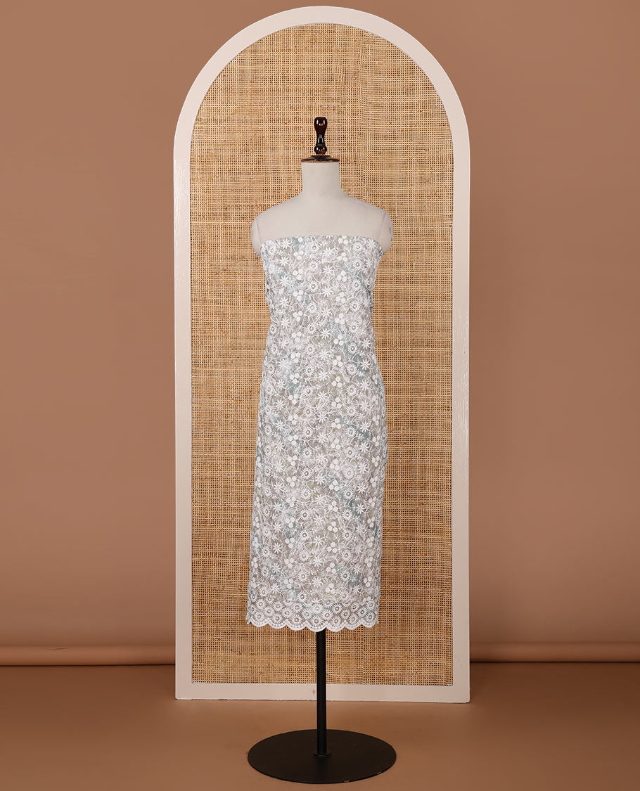 Ash chudidar material set, shibori-print & floral vine chikankari embroidered top,printed cotton bottom & floral chikankari embroidery chiffon dupatta