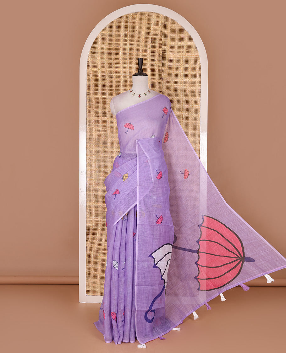 Borderless lavender umbrella motifs printed linen cotton saree, self-pallu of big umbrella motifs and contrast blouse