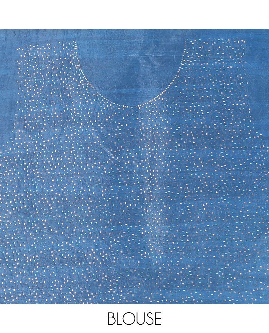 Blue digital printed crunchy crush saree with swarovski work border & self pallu along with swarovski stone work blouse