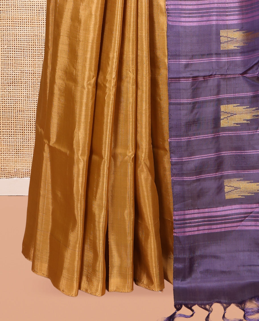 Borderless Gold Banana Pith Saree, Woven with Temple Buttas, a Contrast Pallu of Stripes and Temple Design, and a Contrast Blouse