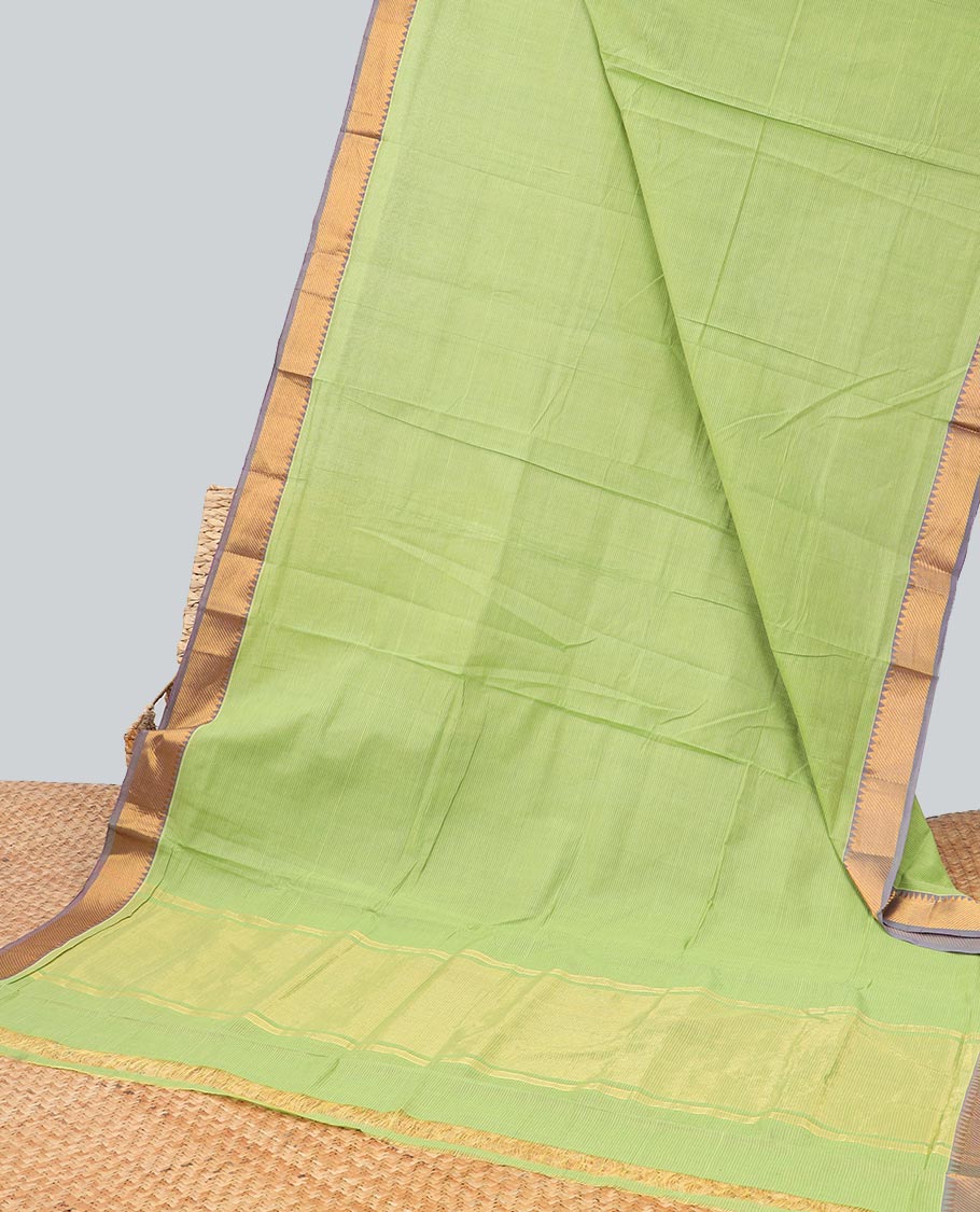 Green striped mangalagiri cotton saree with contrast zari design border & striped pallu