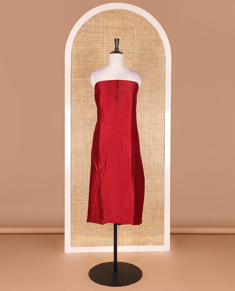 Maroon material chudidar set, plain with fancy thermacol balls neck work Vichitra top, cotton bottom, and floral with bandhani printed dupatta