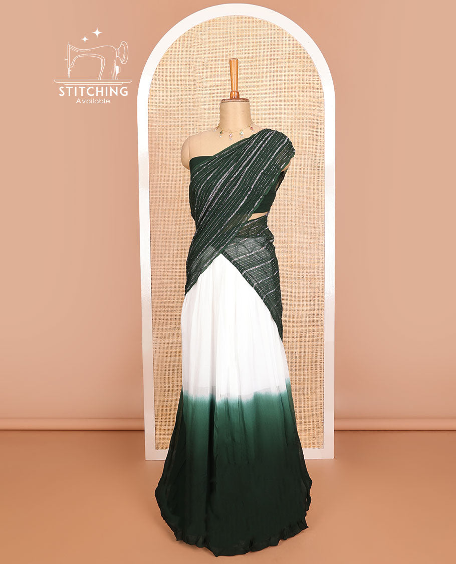 White & green georgette half saree with plain blouse & striped dhavani
