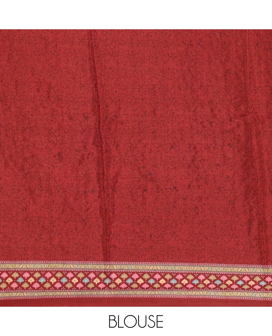 Maroon half-&-half colorful geometric printed & mirror embroidered masakali saree, printed border & pallu, plain blouse