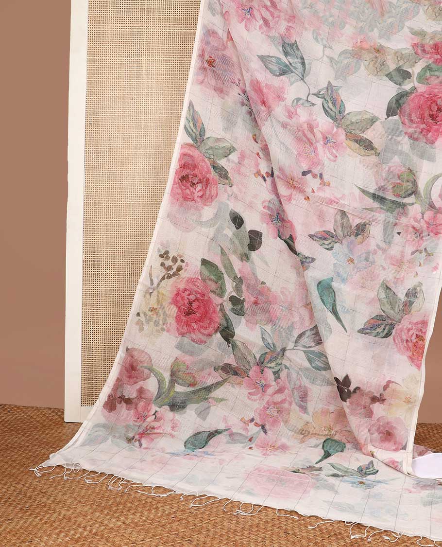 Cream checked floral print kota cotton saree with self plain border