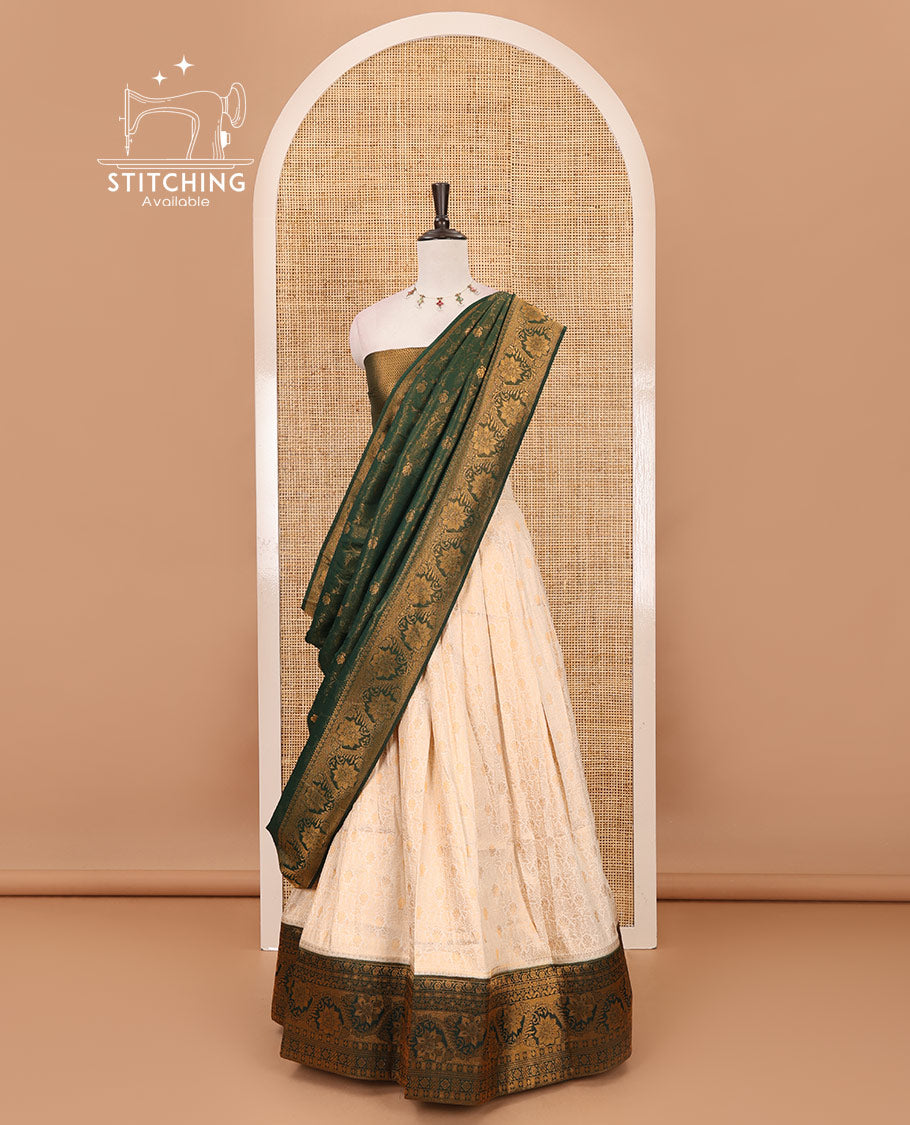 Cream-bottle green half-saree, zari jacquard & contrast traditional zari border banaras softy skirt, semi-banaras jacquard blouse & contrast zari design blouse