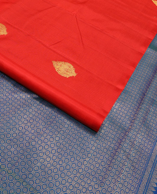 Borderless red leaf buttas kancheepuram silk saree with jaal design pallu