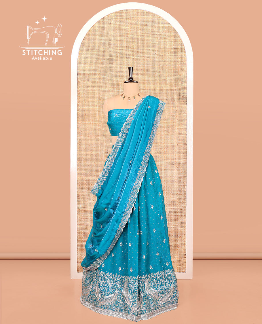 Blue Fendi Organza Half-Saree, with Embroidered Buttas on Its Skirt, Embroidered Scallop Border, Paired with a Matching Blouse, and an Embroidered Fendi Organza Scallop Dhavani