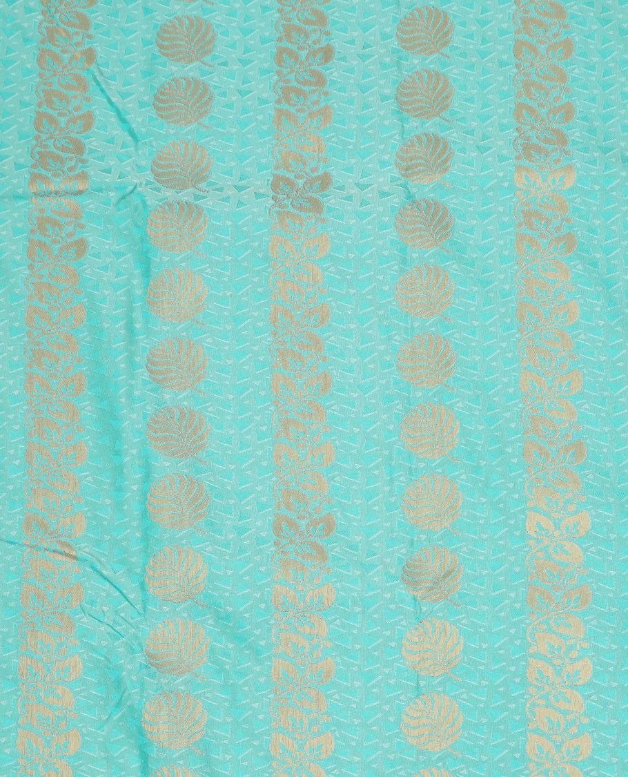 Powder blue art silk material pavadai set, zari buttas pavadai, contrast blouse & traditional zari border