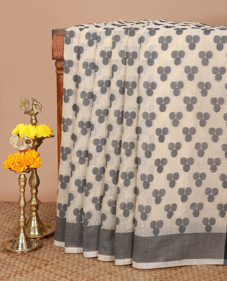 Cream with black resam thread weaving design banaras kota saree with contrast bawanchi border & plain pallu along with plain blouse