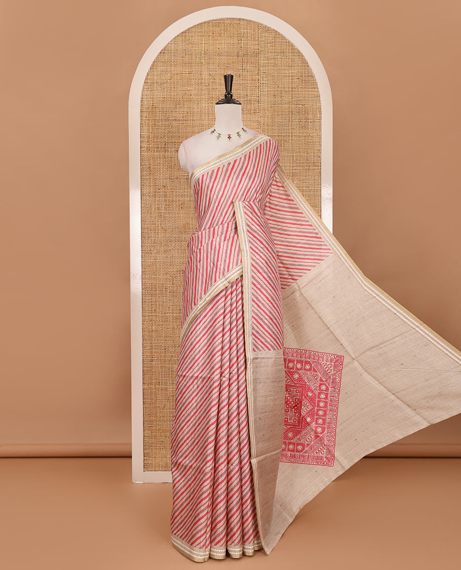 Pink lehariya-style striped semi-tussar saree, contrast resham thread triangle motifs border, diamond printed pallu & contrast printed blouse
