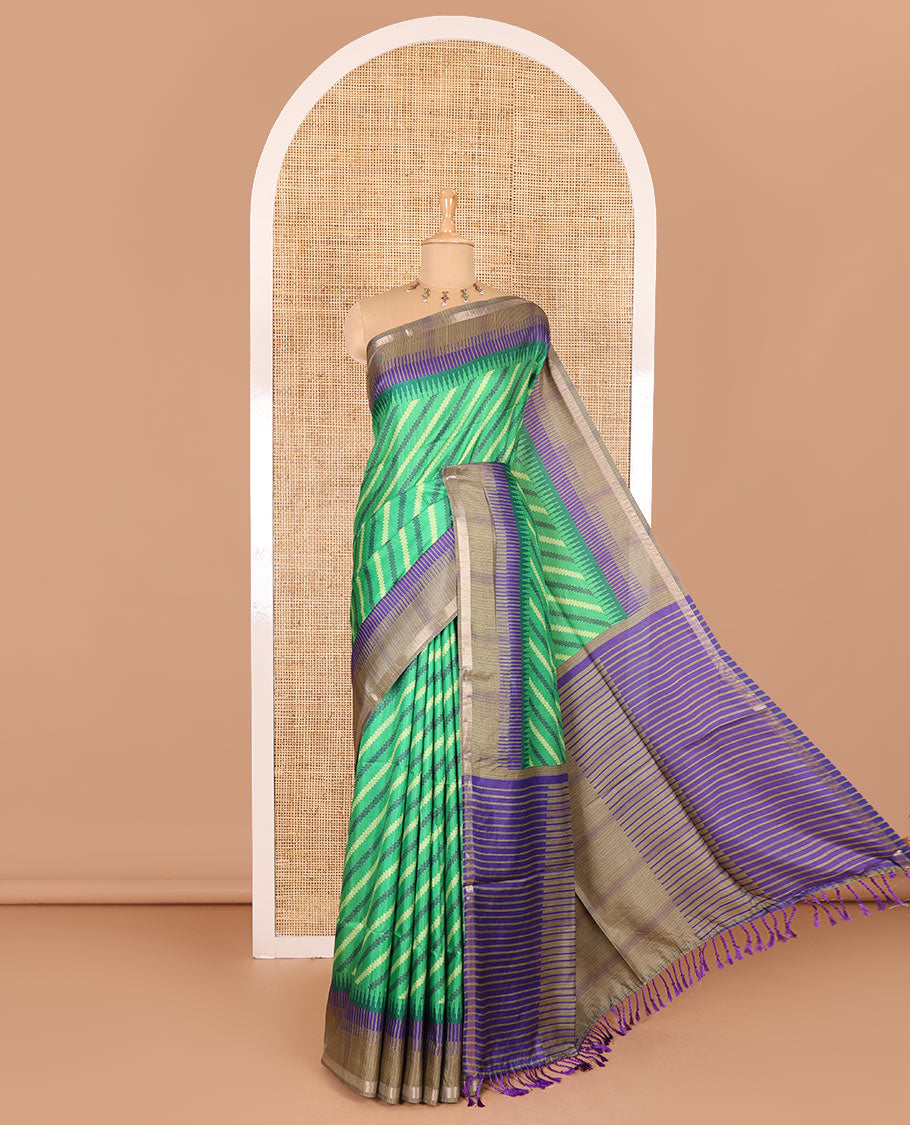 Green leheriya stripes printed katan silk saree, contrast zari piping temple border, temple pallu, and a contrast square buttas printed blouse
