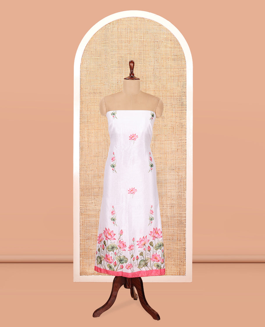 Cream-Pink Semi-Silk Material Chudidar, Lotus Printed Top, Matching Bottom, Lotus Printed Dupatta