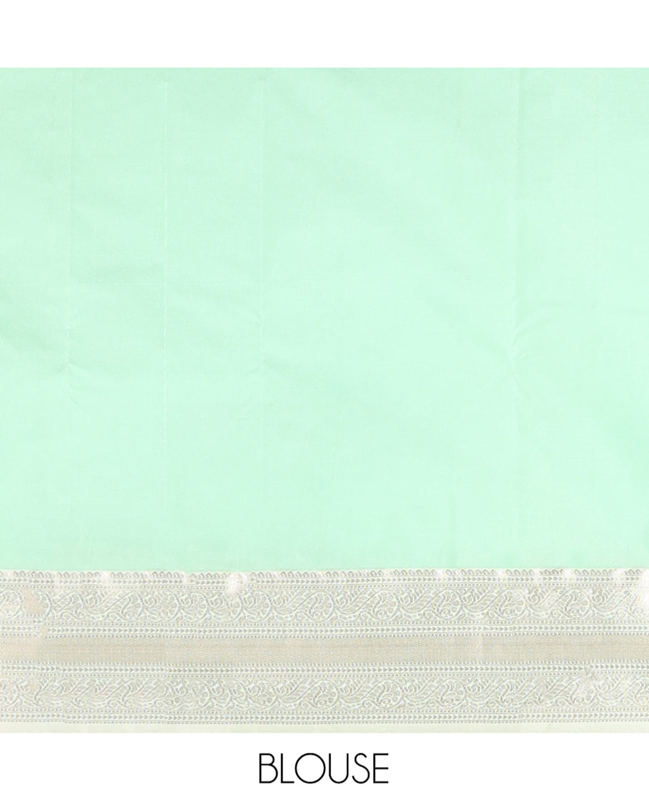 Orange Budget Silk Saree, Spotlighted with Zari Buttas on Its Body, Complemented by a Contrast Traditional Zari Design Border, Jaal Pallu, and Paired with a Contrast Blouse