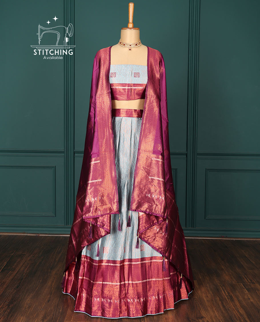 Blue jacquard art-silk half-saree,contrast zari design blouse, traditional design border & intricate dhavani