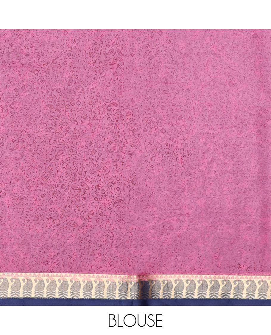Purple intricate paisley vine semi-banaras printed saree, contrast paisley motifs border & intricate printed pallu