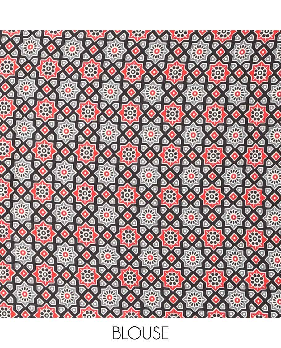 Black vertical line printed modal silk saree with temple, pichwai bentex border & circle butta design pallu along with ajrak printed blouse