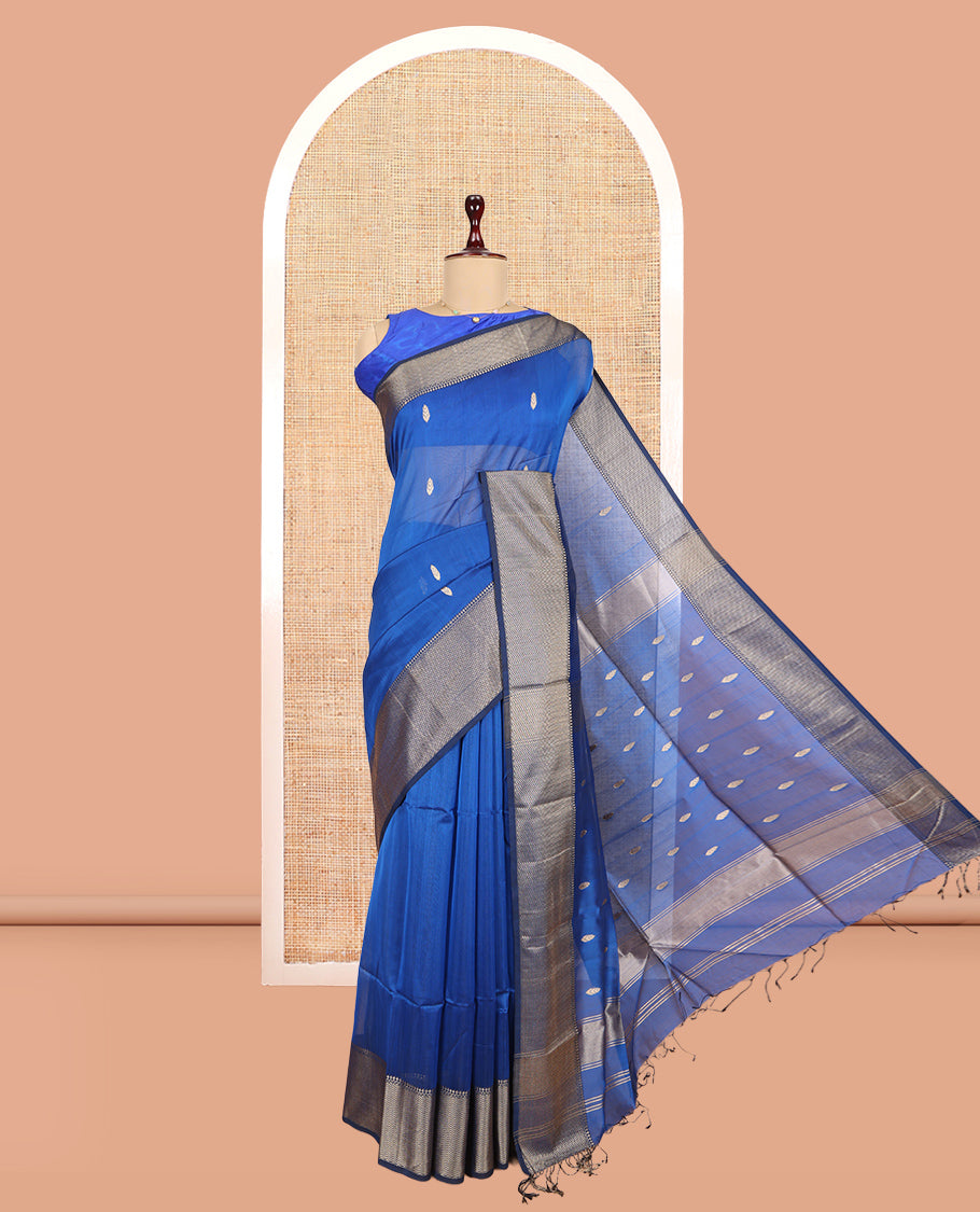 M.s Blue Maheshwari Cotton Saree, Ornamented with Zari Buttas, a Contrast Chevron Striped Border, Zari Buttas Woven Pallu, and a Contrast Blouse
