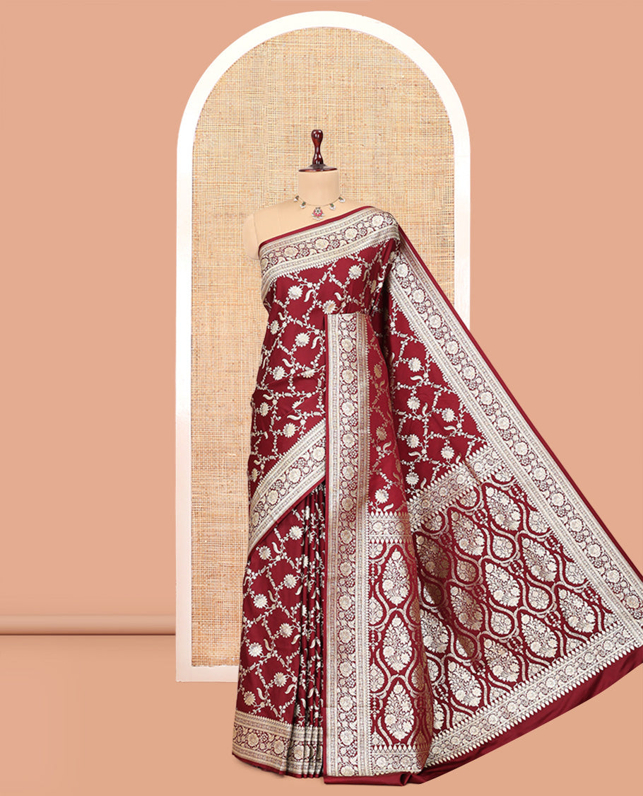 Maroon Semi-Banaras Satin Silk Saree