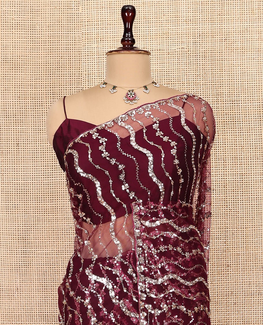 Wine Zig-Zag Sequin Striped Net Designer Saree with Matching Blouse