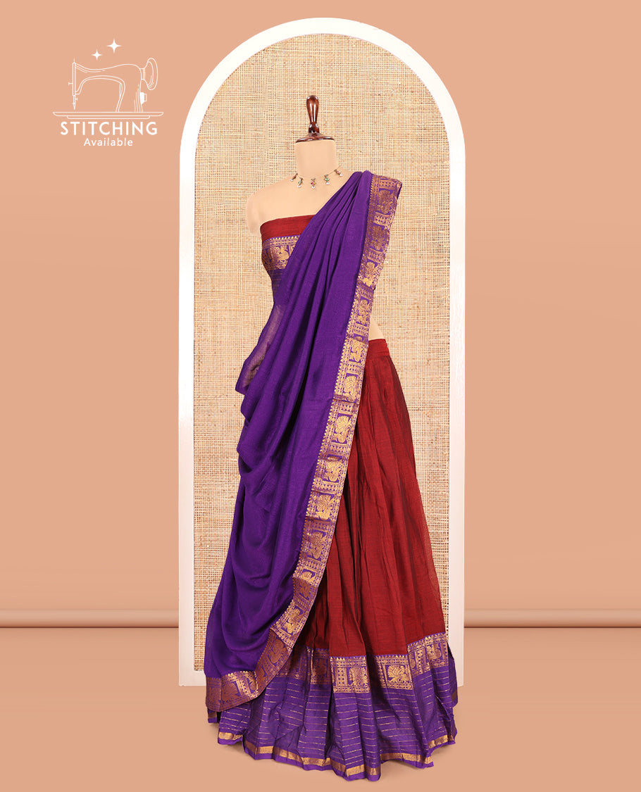 Maroon-Violet Mercerised Cotton Half-Saree, Contrast Annam Bordered Skirt,Matching Blouse,Contrast Dhavani