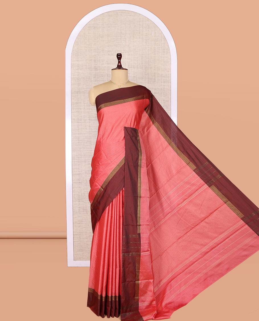Dark Peach Zari Checked Arani Saree, Mesmerized with Zari Checks, a Contrast Traditional Border, Pallu of Zari Stripes, and a Matching Blouse